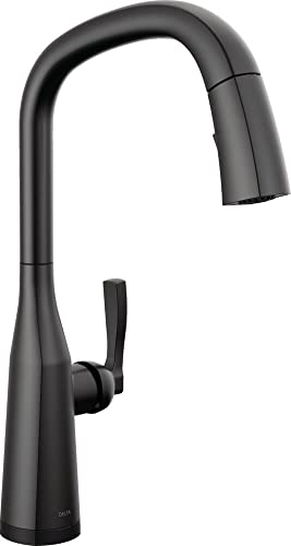 Black pull-down kitchen faucet with curved spout and single handle lever.