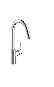 Chrome kitchen faucet with high arc spout and pull-down spray head.