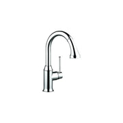 Chrome kitchen faucet with curved spout, pull-down spray head, and single lever handle.