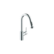 Chrome kitchen faucet with high curved spout and pull-down spray head with single lever handle.