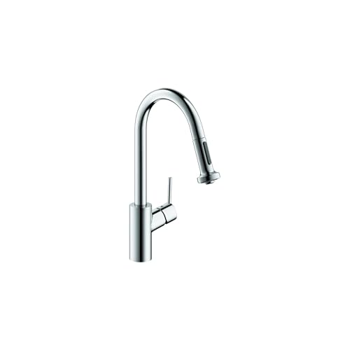 Chrome kitchen faucet with high curved spout and pull-down spray head with single lever handle.