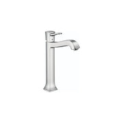 Chrome single-hole bathroom faucet with tall spout, lever handle, and pop-up drain assembly.