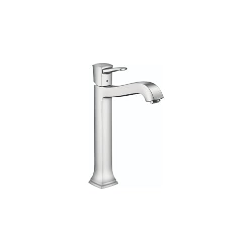 Chrome single-hole bathroom faucet with tall spout, lever handle, and pop-up drain assembly.