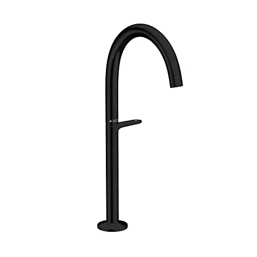Matte black single-hole bathroom faucet with curved spout and lever handle mounted on circular base.