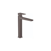 Brushed black chrome single-hole bathroom faucet with tall square body and extended lever handle.