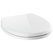 White round toilet seat with slow-close lid mechanism and metal hinges.