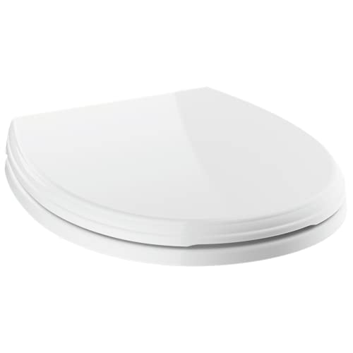 White round toilet seat with slow-close lid mechanism and metal hinges.