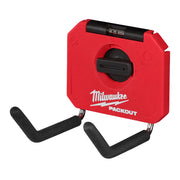 Red Milwaukee PACKOUT storage module with two black straight hooks extending from the front and a black mounting bar on top.