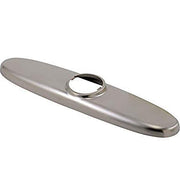 Stainless steel escutcheon plate with oval opening and chrome ring trim for pull-out faucet.