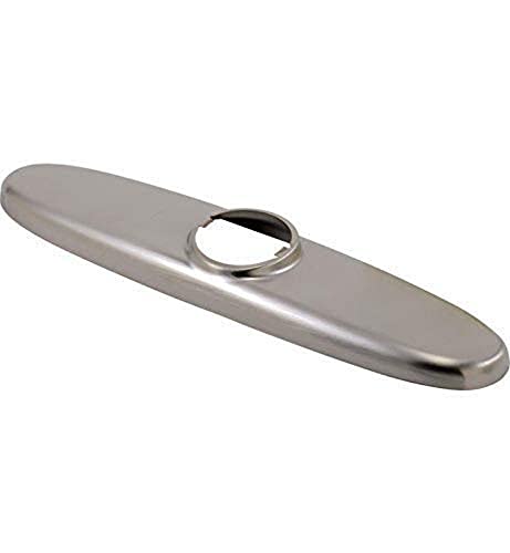 Stainless steel escutcheon plate with oval opening and chrome ring trim for pull-out faucet.