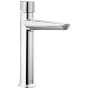 Chrome single-handle bathroom faucet with knurled knob and angled spout, mid-height vessel sink style.