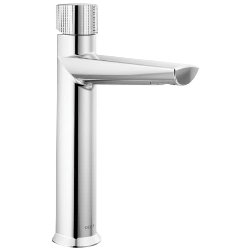 Chrome single-handle bathroom faucet with knurled knob and angled spout, mid-height vessel sink style.