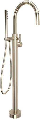 Satin nickel floor-mount tub filler with curved spout and handheld showerhead on flexible hose.