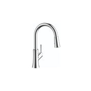 Chrome kitchen faucet with high arc spout and pull-down sprayer head.