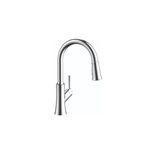 Chrome kitchen faucet with high arc spout and pull-down sprayer head.