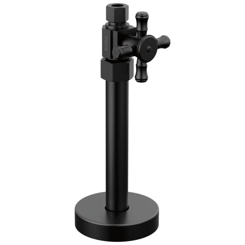 Black straight supply stop valve with traditional cross handle and round base, mounted vertically.