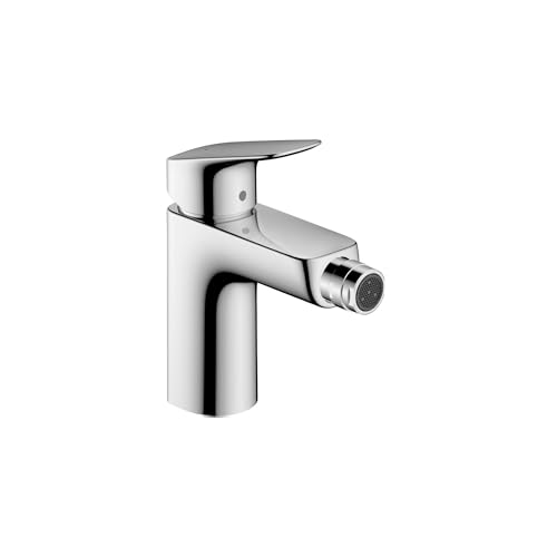 Chrome single-hole bidet faucet with curved spout and cylindrical body, featuring lever handle and spray outlet.