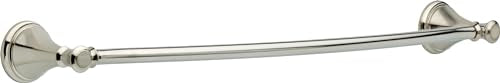 Brushed nickel towel bar with decorative end caps, 24 inches long.