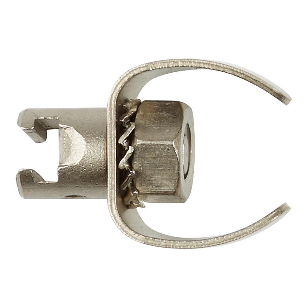Metal C-shaped cutter attachment with hexagonal center body and curved cutting arms.
