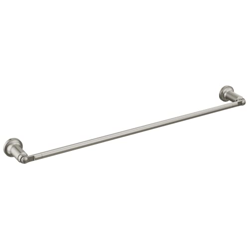 Brushed nickel towel bar with decorative end caps mounted horizontally.