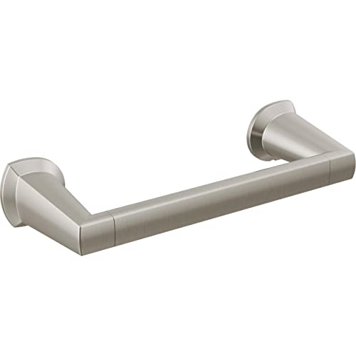 Brushed nickel towel bar with curved mounting brackets on each end.