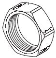 Hexagonal metal coupling nut with threaded interior and external ridged grip surface.