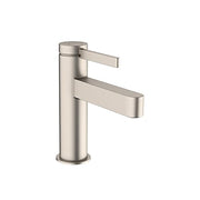 Brushed nickel single-hole bathroom faucet with cylindrical body and two rectangular lever handles extending outward.