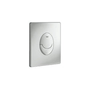 Square matte chrome wall plate with centered oval flush button control.