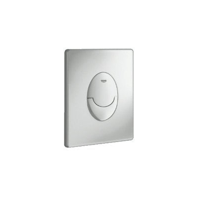 Square matte chrome wall plate with centered oval flush button control.