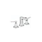 Chrome widespread bathroom faucet with central tall spout, lever handles on each side, and square tapered base.