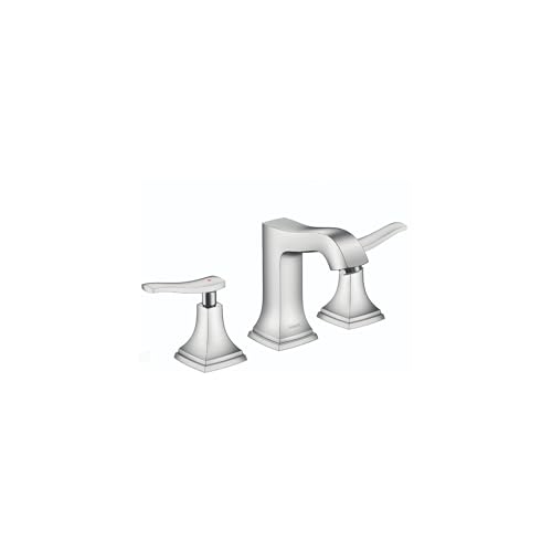 Chrome widespread bathroom faucet with central tall spout, lever handles on each side, and square tapered base.
