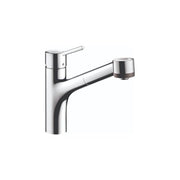 Chrome kitchen faucet with tall curved spout and pull-out spray head extended.
