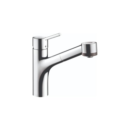 Chrome kitchen faucet with tall curved spout and pull-out spray head extended.