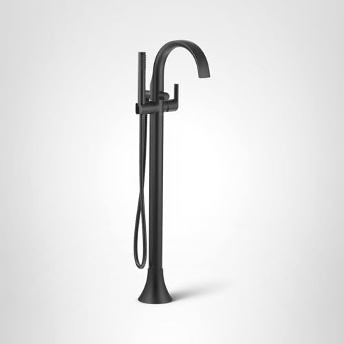 Matte black freestanding bathtub filler with curved spout, single handle, and attached handheld shower hose.