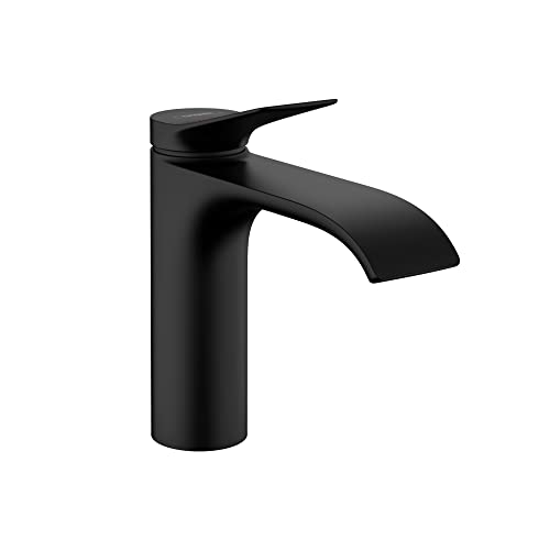 Matte black single-hole bathroom faucet with curved spout and lever handle.