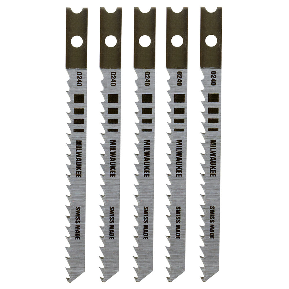 Five Milwaukee jig saw blades with serrated cutting edges, mounting holes, and model numbers printed on shafts.