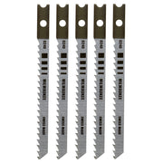 Five Milwaukee jig saw blades with serrated cutting edges, mounting holes, and model numbers printed on shafts.