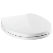 White round toilet seat with soft-close mechanism, shown in open position.