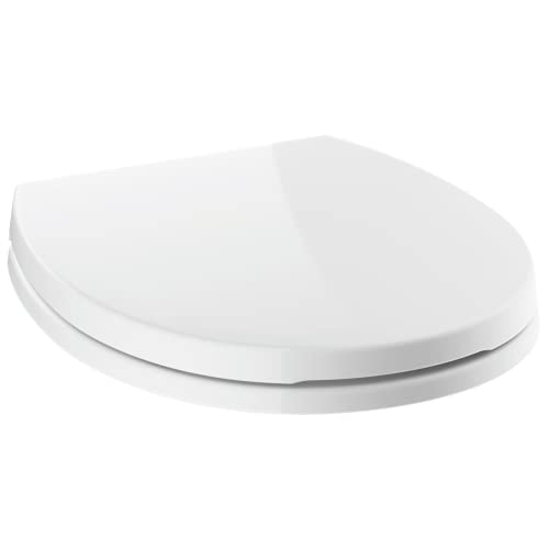 White round toilet seat with soft-close mechanism, shown in open position.