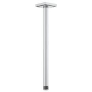 Chrome ceiling mount shower arm with square flange, 14 inches long, straight vertical design.