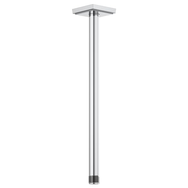 Chrome ceiling mount shower arm with square flange, 14 inches long, straight vertical design.