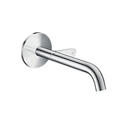 Chrome wall-mounted faucet with circular escutcheon plate, single curved spout, and integrated handle control.