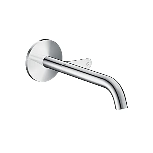 Chrome wall-mounted faucet with circular escutcheon plate, single curved spout, and integrated handle control.