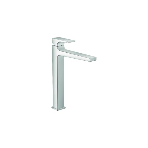 Chrome single-hole bathroom faucet with tall square base, extended spout, and lever handle.