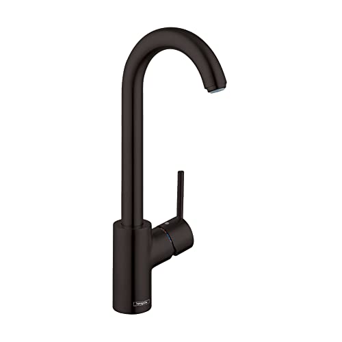 Matte black bar faucet with curved spout and single lever handle on cylindrical base.