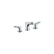 Chrome widespread bathroom faucet with center spout and two angled side handles.