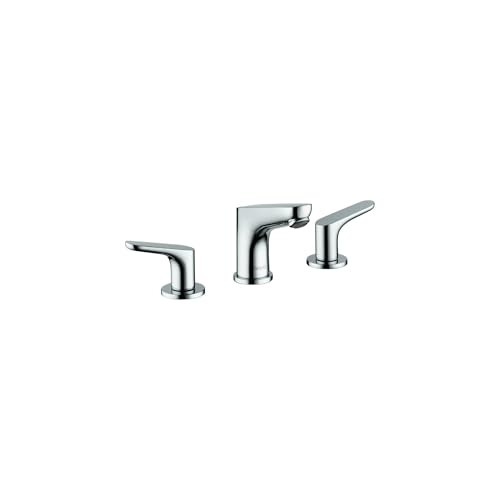 Chrome widespread bathroom faucet with center spout and two angled side handles.