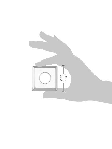 Chrome square shower flange with circular opening, 2.1 inches wide, shown in hand for scale.
