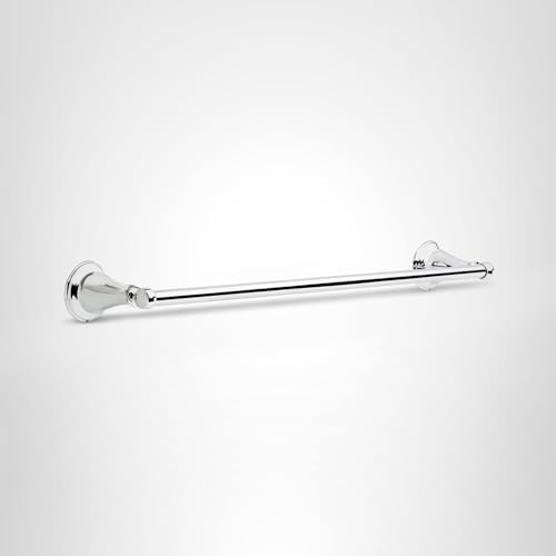 Chrome towel bar with circular wall mount on left end and small circular finial on right end.