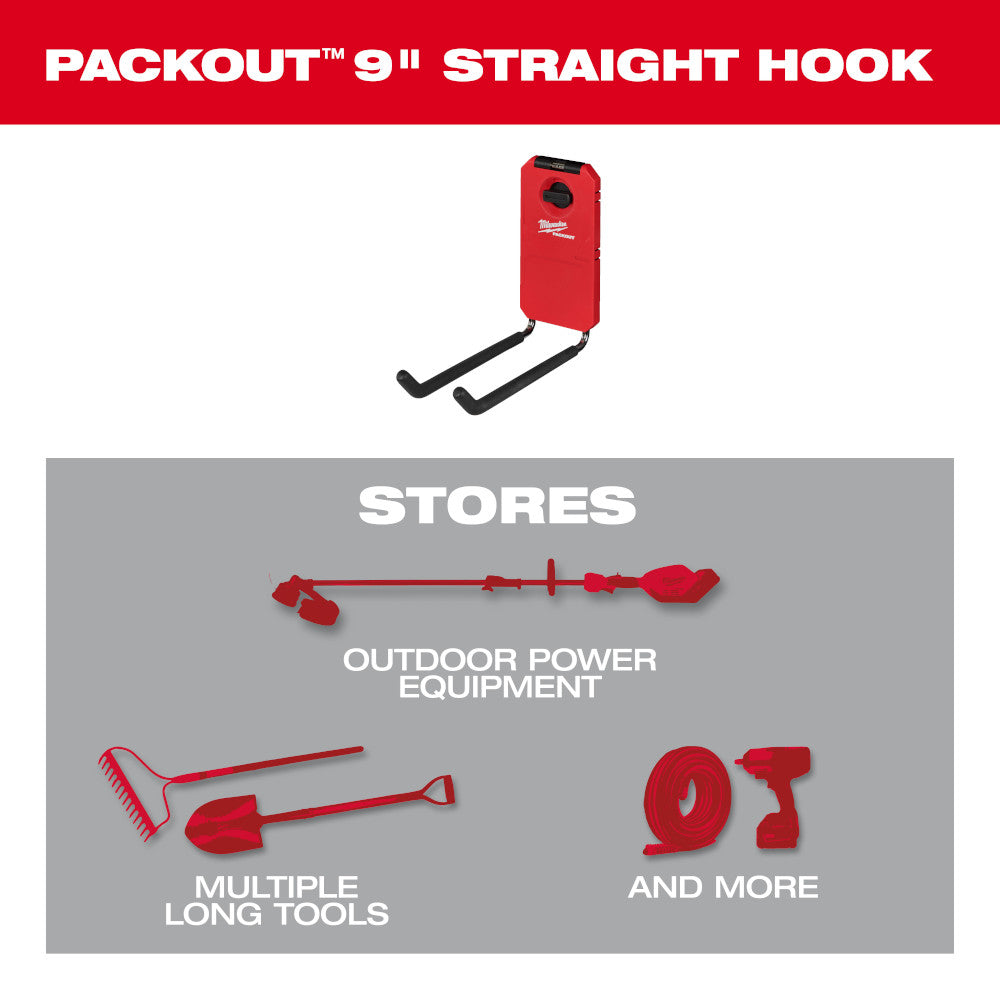Red PACKOUT 9" straight hook with black handle arms and mounting hole for tool storage organization.